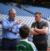 24 June 2024; Uachtarán Chumann Lúthchleas Gael Jarlath Burns, left, and former Donegal footballer Kevin Cassidy during the GAAgaeilge Go Games at Croke Park in Dublin. Photo by Shauna Clinton/Sportsfile