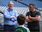 24 June 2024; Uachtarán Chumann Lúthchleas Gael Jarlath Burns, left, and former Donegal footballer Kevin Cassidy during the GAAgaeilge Go Games at Croke Park in Dublin. Photo by Shauna Clinton/Sportsfile