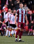 28 June 2024; Evan Weir of Drogheda United reacts after his side conceded their third goal during the SSE Airtricity Men's Premier Division match between Derry City and Drogheda United at The Ryan McBride Brandywell Stadium in Derry. Photo by Ben McShane/Sportsfile