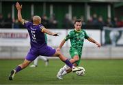 28 June 2024; Sean McGrath of Kerry FC in action against Ethan Boyle of Wexford during the SSE Airtricity Men's First Division match between Kerry FC and Wexford at Mounthawk Park in Tralee, Kerry. Photo by Brendan Moran/Sportsfile