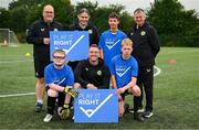29 June 2024; Pictured are, from left, back row, FAI Football For All development officer for Waterford Gary Power, FAI Football For All development officer for Wexford Brendan Corish, Leinster North A player Alex Fahy, and FAI Football For All South East regional manager Michael Looby, front row, from left, Leinster North B goalkeeper Josh Horrigan, FAI Football For All development officer for Wexford Dean Broaders, and South East and Midlands player JJ Maher, before the FAI Football For All Interprovincial Games at Evergreen FC in Kilkenny. The FAI Football For All programme was initiated to assist and develop opportunities for players of all ages with a disability in their local community. Photo by Seb Daly/Sportsfile
