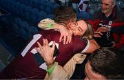 29 June 2024; Damien Comer of Galway celebrates with his partner Megan Glynn after the GAA Football All-Ireland Senior Championship quarter-final match between Dublin and Galway at Croke Park in Dublin. Photo by Stephen McCarthy/Sportsfile