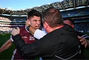 29 June 2024; Tomo Culhane of Galway celebrate after kicking the winning point in the GAA Football All-Ireland Senior Championship quarter-final match between Dublin and Galway at Croke Park in Dublin. Photo by Harry Murphy/Sportsfile