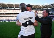 29 June 2024; Tomo Culhane of Galway celebrates with manager Pádraic Joyce after kicking the winning point in the GAA Football All-Ireland Senior Championship quarter-final match between Dublin and Galway at Croke Park in Dublin. Photo by Harry Murphy/Sportsfile