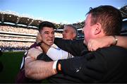 29 June 2024; Tomo Culhane of Galway celebrates with manager Pádraic Joyce after kicking the winning point in the GAA Football All-Ireland Senior Championship quarter-final match between Dublin and Galway at Croke Park in Dublin. Photo by Harry Murphy/Sportsfile