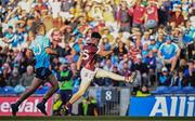 29 June 2024; Tomo Culhane of Galway kicks the winning point during the GAA Football All-Ireland Senior Championship quarter-final match between Dublin and Galway at Croke Park in Dublin. Photo by Harry Murphy/Sportsfile