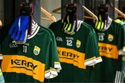 30 June 2024; The jersey and gloves of Paudie Clifford of Kerry hang in the dressingroom before the GAA Football All-Ireland Senior Championship quarter-final match between Kerry and Derry at Croke Park in Dublin. Photo by Brendan Moran/Sportsfile