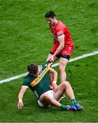 30 June 2024; Christopher McKaigue of Derry pulls the jersey of David Clifford of Kerry off the ball during the GAA Football All-Ireland Senior Championship quarter-final match between Kerry and Derry at Croke Park in Dublin. Photo by Piaras Ó Mídheach/Sportsfile