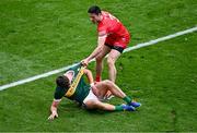 30 June 2024; Christopher McKaigue of Derry pulls the jersey of David Clifford of Kerry off the ball during the GAA Football All-Ireland Senior Championship quarter-final match between Kerry and Derry at Croke Park in Dublin. Photo by Piaras Ó Mídheach/Sportsfile