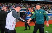 30 June 2024; Derry manager Mickey Harte, left, and Kerry manager Jack O'Connor shake hands after the GAA Football All-Ireland Senior Championship quarter-final match between Kerry and Derry at Croke Park in Dublin. Photo by Ben McShane/Sportsfile