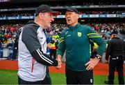 30 June 2024; Derry manager Mickey Harte, left, and Kerry manager Jack O'Connor shake hands after the GAA Football All-Ireland Senior Championship quarter-final match between Kerry and Derry at Croke Park in Dublin. Photo by Ben McShane/Sportsfile
