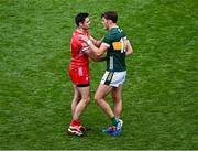 30 June 2024; Christopher McKaigue of Derry and David Clifford after the GAA Football All-Ireland Senior Championship quarter-final match between Kerry and Derry at Croke Park in Dublin. Photo by Piaras Ó Mídheach/Sportsfile