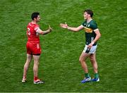 30 June 2024; Christopher McKaigue of Derry and David Clifford after the GAA Football All-Ireland Senior Championship quarter-final match between Kerry and Derry at Croke Park in Dublin. Photo by Piaras Ó Mídheach/Sportsfile