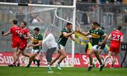 30 June 2024; Sean O'Shea of Kerry and Adrian Spillane of Kerry, right, celebrate a late point by their side during the GAA Football All-Ireland Senior Championship quarter-final match between Kerry and Derry at Croke Park in Dublin. Photo by Brendan Moran/Sportsfile