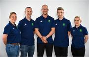 2 July 2024; Performance analyst Laura Ostler, track coach Dan Henchy, team manager Ian Dyer, road sports director Martin Irvine and physio Dee Quinn during the Team Ireland Paris 2024 team announcement for Cycling at the Crowne Plaza Hotel in Blanchardstown, Dublin. Photo by David Fitzgerald/Sportsfile