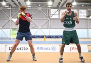 2 July 2024; Boxer Aidan Walsh, right, with Michael Kane from Monivea Boxing Club, Galway, during the Team Ireland Open Training Day ahead of the Paris 2024 Olympic Games at the National Indoor Arena on the Sport Ireland Campus in Dublin. Photo by Sam Barnes/Sportsfile