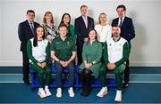 3 July 2024; In attendance at an Olympic Federation of Ireland and Sport Ireland media conference ahead of the Paris 2024 Olympic Games are, back row, from left, Sport Ireland chairperson John Foley, Sport Ireland chief executive Dr Úna May, Minister for Tourism, Culture, Arts, Gaeltacht, Sport and Media Catherine Martin TD, Minister of State for Sport and Physical Education Thomas Byrne TD, OFI president and Swim Ireland chief executive Sarah Keane, and OFI chief executive Peter Sherrard, front row, from left, swimmer Victoria Catterson, Team Ireland Paris 2024 Chef de Mission Gavin Noble, Sport Ireland director of high performance Niamh O'Sullivan, and rugby sevens player Harry McNulty, at the Sport Ireland Institute on the Sport Ireland Campus in Dublin. Photo by Seb Daly/Sportsfile