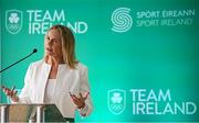 3 July 2024; OFI president and Swim Ireland chief executive Sarah Keane speaking during an Olympic Federation of Ireland and Sport Ireland media conference ahead of the Paris 2024 Olympic Games, at the Sport Ireland Institute on the Sport Ireland Campus in Dublin. Photo by Seb Daly/Sportsfile