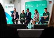 3 July 2024; Minister of State for Sport and Physical Education Thomas Byrne TD, left, in the company of, from second left, Sport Ireland director of high performance Niamh O'Sullivan, OFI chief executive Peter Sherrard, Sport Ireland chief executive Dr Úna May, and Team Ireland Paris 2024 Chef de Mission Gavin Noble during an Olympic Federation of Ireland and Sport Ireland media conference ahead of the Paris 2024 Olympic Games, at the Sport Ireland Institute on the Sport Ireland Campus in Dublin. Photo by Seb Daly/Sportsfile