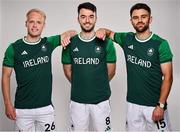 6 July 2024; Banbridge players, from left, Peter Brown, Johnny McKee and Kyle Marshall during the Team Ireland Paris 2024 team announcement for Hockey at the Crowne Plaza Hotel in Blanchardstown, Dublin. Photo by David Fitzgerald/Sportsfile