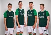 6 July 2024; Team Ireland players, from left, Jonny Lynch, Sean Murray, Matthew Nelson and Peter McKibbin during the Team Ireland Paris 2024 team announcement for Hockey at the Crowne Plaza Hotel in Blanchardstown, Dublin. Photo by David Fitzgerald/Sportsfile