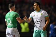 6 July 2024; Damian de Allende of South Africa, right, shakes hands with Calvin Nash of Ireland after the first test between South Africa and Ireland at Loftus Versfeld Stadium in Pretoria, South Africa. Photo by Brendan Moran/Sportsfile