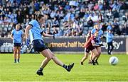 6 July 2024; Hannah Tyrrell of Dublin scores her side's first goal from a penalty during the TG4 All-Ireland Ladies Football Senior Championship quarter-final match between Dublin and Galway at Parnell Park in Dublin. Photo by Seb Daly/Sportsfile