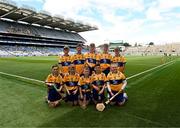 6 July 2024; The Clare team, back row, left to right, DJ Leonard, Dromin NS, Dunleer, Louth, Gavin Devery, St Rynagh's NS, Banagher, Offaly, John Bloomer, St Brendan's NS, Portumna, Galway, Fionn Guinnessy, St Brendan's Boys NS, Loughrea, Galway, Mark Dennedy, Kinnitty NS, Kinnitty, Offaly, front row, left to right, Lúc Ó Madagáin, Gaelscoil na Cruaiche, Mhaigh Eo, Cillian Casey, Toreen NS, Mayo, Daithí McManus, CBS Primary, Keady Road, Armagh, Daniel Maher, Clonlisk NS, Shinrone, Offaly, Danny Kerry, Holy Family Senior School, Portlaoise, Laois, ahead of the GAA INTO Cumann na mBunscol Respect Exhibition Go Games at the GAA Hurling All-Ireland Senior Championship semi-final match between Kilkenny and Clare at Croke Park in Dublin. Photo by Daire Brennan/Sportsfile