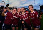 6 July 2024; Galway players, from left, Emma Reaney, Shauna Hynes, Niamh Divilly and Ailish Morrissey celebrate after their side's victory in the TG4 All-Ireland Ladies Football Senior Championship quarter-final match between Dublin and Galway at Parnell Park in Dublin. Photo by Seb Daly/Sportsfile