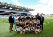 6 July 2024; Uachtarán an Cumann Camógaíochta Brian Molloy, INTO President Carmel Browne, Uachtarán Chumann Lúthchleas Gael Jarlath Burns, President of Cumann na mBunscol Gary Farrell, with the Kilkenny team, back row, left to right, Lily Comerford, Mary Help of Christian's GNS, Dublin, Caitlin Griffith, Screen NS, Enniscorthy, Wexford, Annabelle Bray, St Mary's NS, Raharney, Westmeath, Eva Hamilton, Bunscoil Bóthar na Naomh, Port Láirge, Mary Jane Rafferty, Scoil Naomh Feichín, Droichead Átha, Lú, front row, left to right, Caoimhe Ní Chearbhaill, Scoil Lorcáin, Áth Cliath, Faye O'Connell, Rathnure NS, Rathnure, Wexford, Laura Tansey, Scoil Mhuire, An Muileann gCearr, An Iarmhí, Mia Minchin, Ballinkillen NS, Bagnalstown, Carlow, Liliane Picovici, Ballinabranna NS, Ballinabranna, Carlow, ahead of the GAA INTO Cumann na mBunscol Respect Exhibition Go Games at the GAA Hurling All-Ireland Senior Championship semi-final match between Kilkenny and Clare at Croke Park in Dublin. Photo by Daire Brennan/Sportsfile