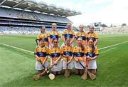 6 July 2024; The Clare team, back row, left to right, Róise Kennedy, Abbey Primary School, Boyle, Roscommon, Amie Keating, Crubany NS, Crubany, Cavan, Méabh Gallagher, Kiltale NS, Dunsany, Meath, Zara Lavin, SN Naomh Ailbhe, An Thaobhach, Sligeach, Emma Flynn, Tulsk NS, Castlerea, Roscommon, front row, left to right, Niamh Ní Raghallaigh, Scoil Mhuire gan Smal, Sligeach, Kayla Reynolds, St Manachan's NS, Mohill, Leitrim, Ornate Guckian, St Joseph's NS, Leitrim, Méabh Ward, St Paul's Primary School, Naval, Meath, Caoimhe Manley, Bishop Harty NS, Nenagh, Tipperary, ahead of the GAA INTO Cumann na mBunscol Respect Exhibition Go Games at the GAA Hurling All-Ireland Senior Championship semi-final match between Kilkenny and Clare at Croke Park in Dublin. Photo by Daire Brennan/Sportsfile