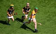 6 July 2024; Méabh Gallagher, Kiltale NS, Dunsany, Meath, representing Clare, in action against, Caitlin Griffith, Screen NS, Enniscorthy, Wexford, left, and Faye O'Connell, Rathnure NS, Rathnure, Wexford, representing Kilkenny, during the GAA INTO Cumann na mBunscol Respect Exhibition Go Games at the GAA Hurling All-Ireland Senior Championship semi-final match between Kilkenny and Clare at Croke Park in Dublin. Photo by Daire Brennan/Sportsfile