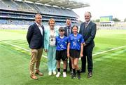 6 July 2024; Uachtarán an Cumann Camógaíochta Brian Molloy, INTO President Carmel Browne, Uachtarán Chumann Lúthchleas Gael Jarlath Burns, President of Cumann na mBunscol Gary Farrell, with the referees Referee Oisín Ó Sirín, Gaelscoil Osraí, Bóthar Uachtar Rátha, Cill Chainnaigh, and Referee Emma Ní Leannáin-Bhreathnach, Gaelscoil Osraí, Bóthar Uachtar Rátha, Cill Chainnaigh, ahead of the GAA INTO Cumann na mBunscol Respect Exhibition Go Games at the GAA Hurling All-Ireland Senior Championship semi-final match between Kilkenny and Clare at Croke Park in Dublin. Photo by Daire Brennan/Sportsfile