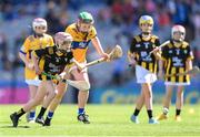 6 July 2024; Faye O'Connell, Rathnure NS, Rathnure, Wexford, representing Kilkenny, and Méabh Gallagher, Kiltale NS, Dunsany, Meath, representing Clare, during the GAA INTO Cumann na mBunscol Respect Exhibition Go Games at the GAA Hurling All-Ireland Senior Championship semi-final match between Kilkenny and Clare at Croke Park in Dublin. Photo by Stephen McCarthy/Sportsfile