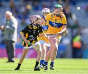6 July 2024; Faye O'Connell, Rathnure NS, Rathnure, Wexford, representing Kilkenny, and Méabh Gallagher, Kiltale NS, Dunsany, Meath, representing Clare, during the GAA INTO Cumann na mBunscol Respect Exhibition Go Games at the GAA Hurling All-Ireland Senior Championship semi-final match between Kilkenny and Clare at Croke Park in Dublin. Photo by Stephen McCarthy/Sportsfile