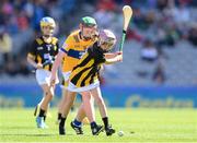 6 July 2024; Faye O'Connell, Rathnure NS, Rathnure, Wexford, representing Kilkenny, and Méabh Gallagher, Kiltale NS, Dunsany, Meath, representing Clare, during the GAA INTO Cumann na mBunscol Respect Exhibition Go Games at the GAA Hurling All-Ireland Senior Championship semi-final match between Kilkenny and Clare at Croke Park in Dublin. Photo by Stephen McCarthy/Sportsfile