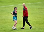 7 July 2024; Mayo manager Liam McHale with Mayo captain Saoirse Lally before the TG4 All-Ireland Ladies Football Senior Championship quarter-final match between Armagh and Mayo at the BOX-IT Athletic Grounds in Armagh. Photo by Piaras Ó Mídheach/Sportsfile