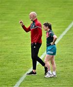 7 July 2024; Mayo manager Liam McHale with Mayo captain Saoirse Lally before the TG4 All-Ireland Ladies Football Senior Championship quarter-final match between Armagh and Mayo at the BOX-IT Athletic Grounds in Armagh. Photo by Piaras Ó Mídheach/Sportsfile