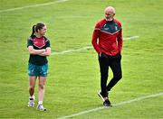 7 July 2024; Mayo manager Liam McHale with Mayo captain Saoirse Lally before the TG4 All-Ireland Ladies Football Senior Championship quarter-final match between Armagh and Mayo at the BOX-IT Athletic Grounds in Armagh. Photo by Piaras Ó Mídheach/Sportsfile