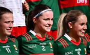 7 July 2024; Mayo players, from left, Annie Gough, Saoirse Lally and Eilis Ronayne before the TG4 All-Ireland Ladies Football Senior Championship quarter-final match between Armagh and Mayo at the BOX-IT Athletic Grounds in Armagh. Photo by Piaras Ó Mídheach/Sportsfile