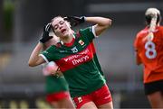 7 July 2024; Fionnuala McLaughlin of Mayo reacts after a missed chance during the TG4 All-Ireland Ladies Football Senior Championship quarter-final match between Armagh and Mayo at the BOX-IT Athletic Grounds in Armagh. Photo by Piaras Ó Mídheach/Sportsfile