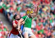 7 July 2024; Seamus Flanagan of Limerick in action against Eoin Downey of Cork during the GAA Hurling All-Ireland Senior Championship semi-final match between Limerick and Cork at Croke Park in Dublin. Photo by Stephen McCarthy/Sportsfile