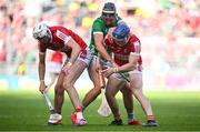 7 July 2024; Gearóid Hegarty of Limerick in action against Cork players Tim O'Mahony, left, and Seán O'Donoghue during the GAA Hurling All-Ireland Senior Championship semi-final match between Limerick and Cork at Croke Park in Dublin. Photo by Seb Daly/Sportsfile