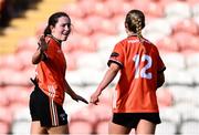 7 July 2024; Armagh players Niamh Reel, left, and Sarah Quigley celebrate after their side's victory in the TG4 All-Ireland Ladies Football Senior Championship quarter-final match between Armagh and Mayo at the BOX-IT Athletic Grounds in Armagh. Photo by Piaras Ó Mídheach/Sportsfile