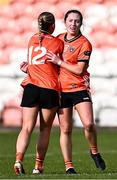 7 July 2024; Armagh players Niamh Reel, right, and Sarah Quigley celebrate after their side's victory in the TG4 All-Ireland Ladies Football Senior Championship quarter-final match between Armagh and Mayo at the BOX-IT Athletic Grounds in Armagh. Photo by Piaras Ó Mídheach/Sportsfile