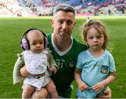 7 July 2024; Graeme Mulcahy of Limerick with his two daughters Róise, left, and Aislinn after during the GAA Hurling All-Ireland Senior Championship semi-final match between Limerick and Cork at Croke Park in Dublin. Photo by John Sheridan/Sportsfile