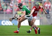 7 July 2024; Gearóid Hegarty of Limerick in action against Mark Coleman of Cork during the GAA Hurling All-Ireland Senior Championship semi-final match between Limerick and Cork at Croke Park in Dublin. Photo by Seb Daly/Sportsfile
