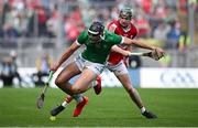 7 July 2024; Gearóid Hegarty of Limerick in action against Mark Coleman of Cork during the GAA Hurling All-Ireland Senior Championship semi-final match between Limerick and Cork at Croke Park in Dublin. Photo by Seb Daly/Sportsfile