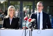 8 July 2024; FAI people & culture director Aoife Rafferty, left, and FAI interim chief executive David Courell during an FAI media briefing held at the FAI Headquarters in Abbotstown, Dublin, to address the allegations of abuse brought forward by women involved in Irish football in the 1990's. Photo by Stephen McCarthy/Sportsfile