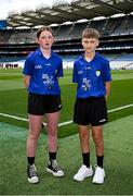 7 July 2024; Referee Rosanna Moloney, Bunscoil Bhóthar na Naomh, Lismore, Waterford, and referee Callum O'Toole, Mount Sion Primary School, Waterford City, Waterford, before the GAA INTO Cumann na mBunscol Respect Exhibition Go Games held before the GAA Hurling All-Ireland Senior Championship Semi-Final between Limerick and Cork at Croke Park in Dublin. Photo by Seb Daly/Sportsfile